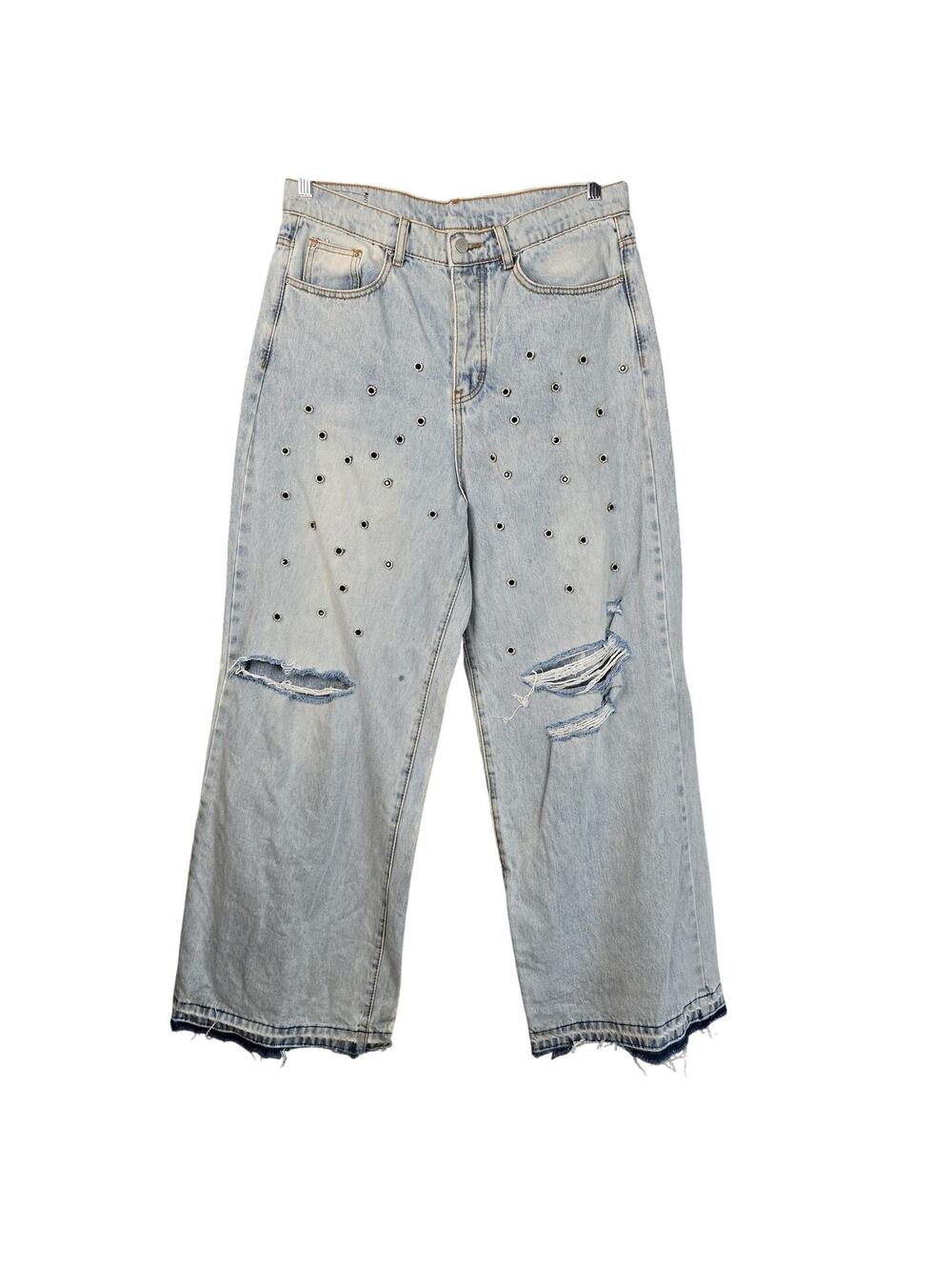 mnml Jeans Womens 33 Light Wash Distressed Grommet Raw Hem Button Fly Wide Leg